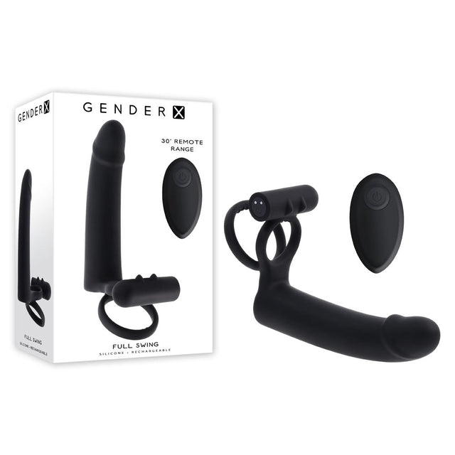 Buy Gender X FULL SWING - Black USB Rechargeable Vibrating Cock Ring with Double Penetrator Dildo – Naughtyhut NZ sex toys online. Discreet delivery & top brands.