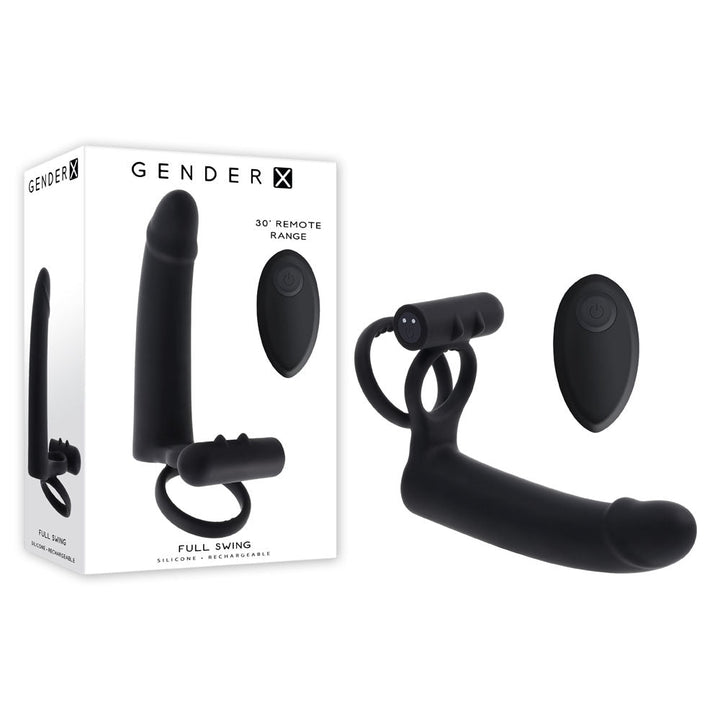 Gender X FULL SWING - Black USB Rechargeable Vibrating Cock Ring with Double Penetrator Dildo – Sex toys NZ by Naughtyhut. Discreet delivery nationwide.