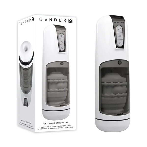 Gender X Get Your Stroke On auto masturbator, white case with sleeve window, beside its box