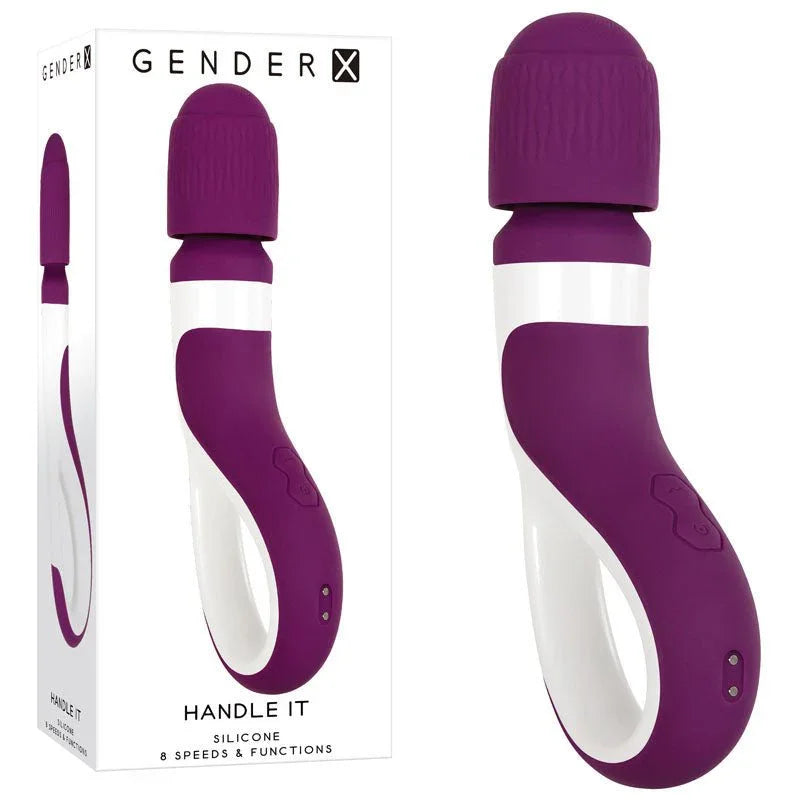 Gender X Handle It massager wand in Purple and white, looped handle, beside its retail box