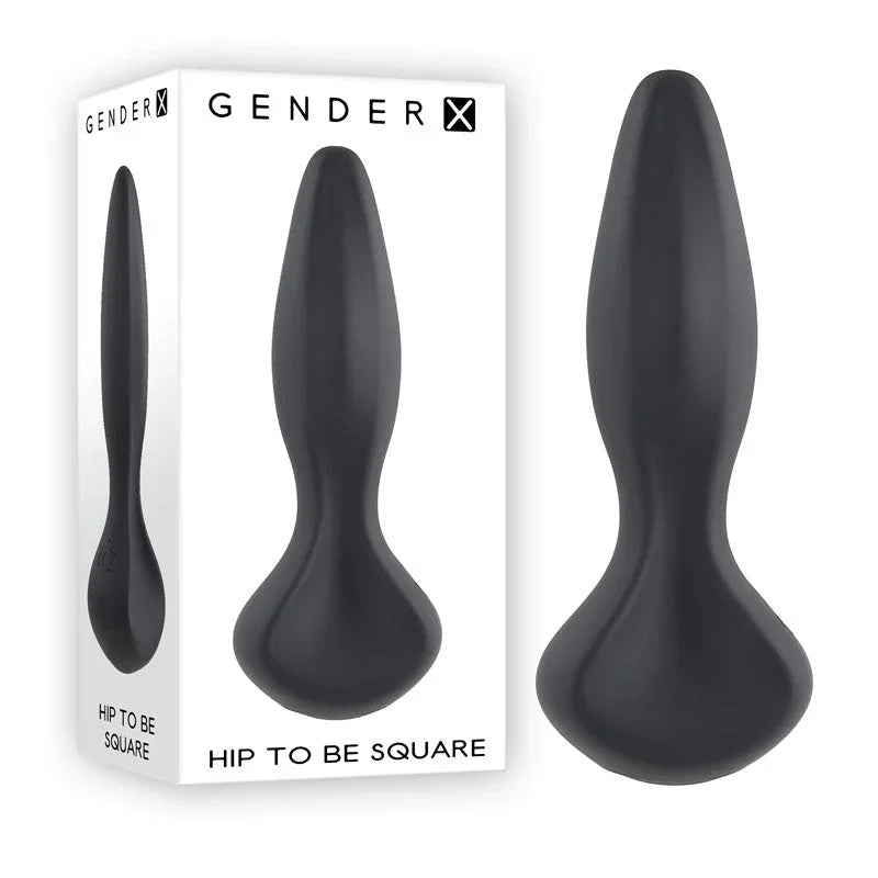 Gender X Hip To Be Square plug in Black, tapered silicone plug beside its retail box