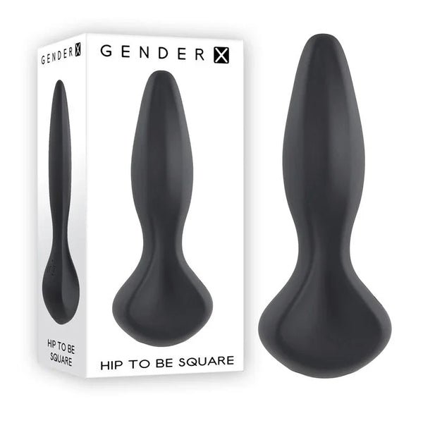 Gender X Hip To Be Square plug in Black, tapered silicone plug beside its retail box