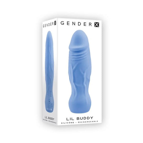 Gender X Lil Buddy retail box in Light Blue, box art showing the textured mini vibrator
