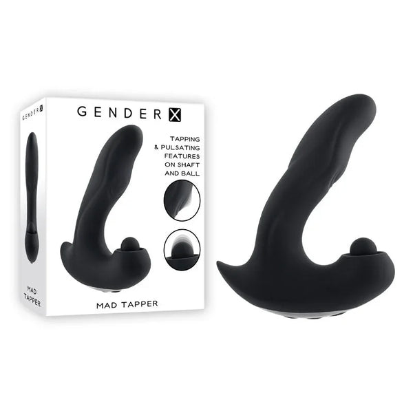 Gender X Mad Tapper in Black, hooked dual massager beside its retail box