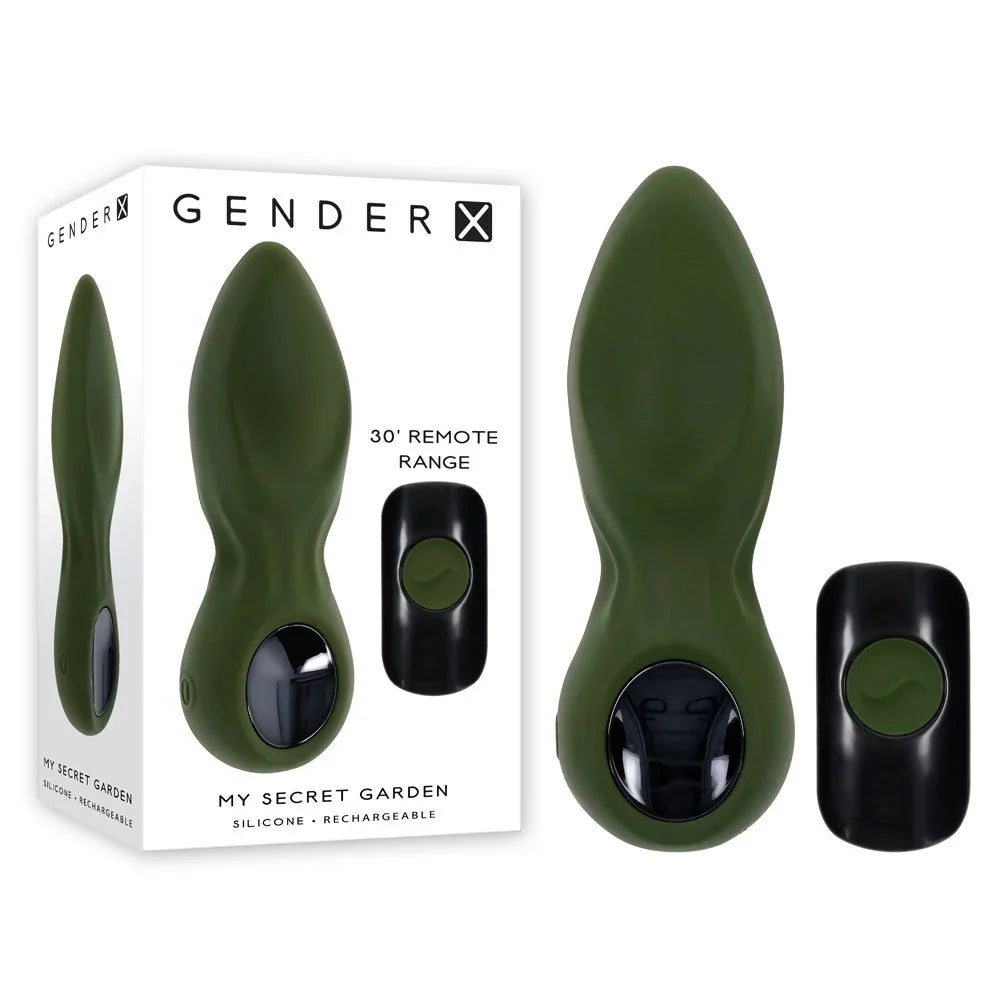 Gender X My Secret Garden plug in Green with black remote, beside its retail box