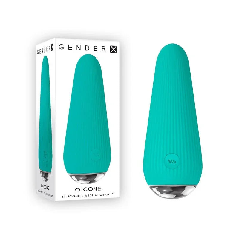Gender X O-Cone bullet in Blue, ribbed teal cone with chrome base, beside its retail box