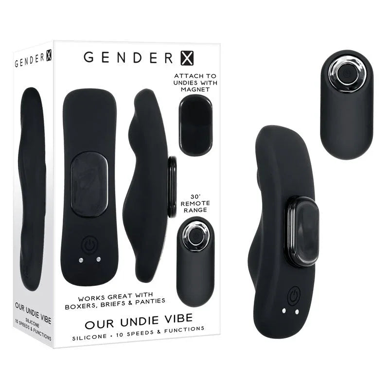 Gender X Our Undie Vibe in Black with magnetic remote, beside its retail box