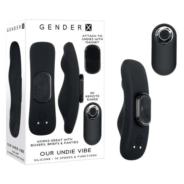 Gender X Our Undie Vibe in Black with magnetic remote, beside its retail box