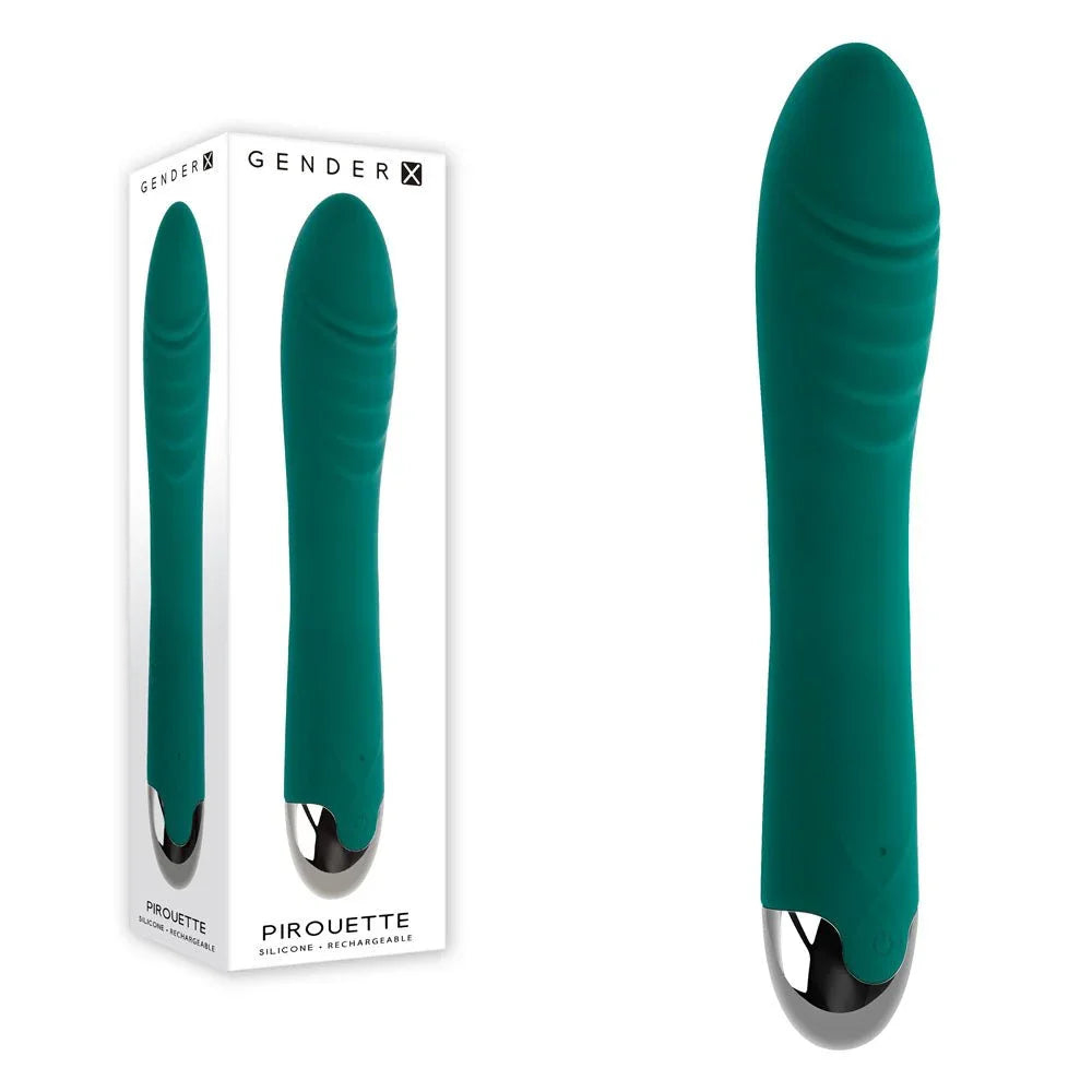 Gender X Pirouette vibrator in Green with ribbed shaft and chrome base, beside its box
