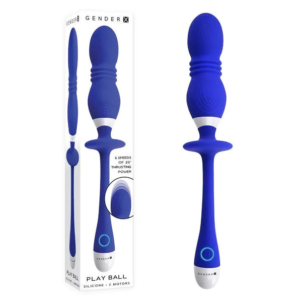 Gender X Play Ball thrusting orbs in Blue, bulbed head and flared handle, beside its box