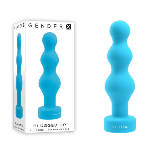 Gender X Plugged Up plug in Blue, three-bead silicone plug beside its retail box