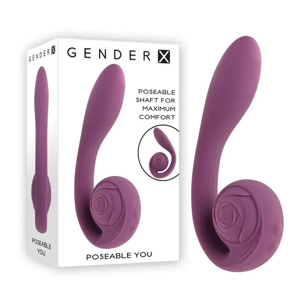 Gender X Poseable You in Purple with spiral rose base, beside its retail box