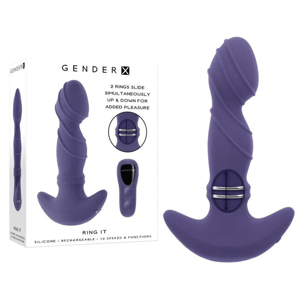 Gender X Ring It in Purple with two sliding metal rings, beside its retail box