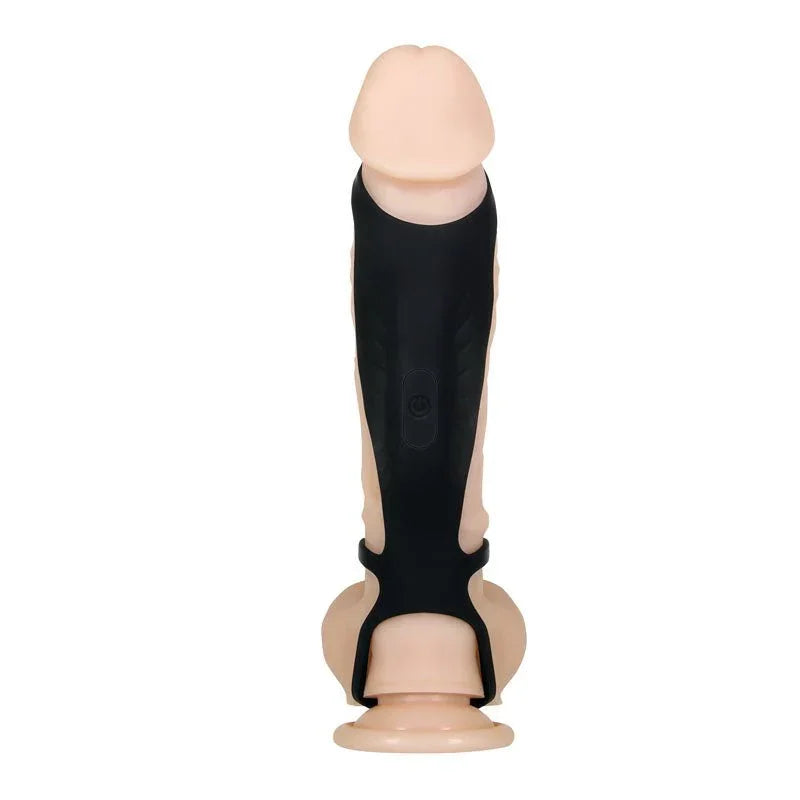 Gender X Rocketeer sleeve in Black on a demo dildo, upright front view