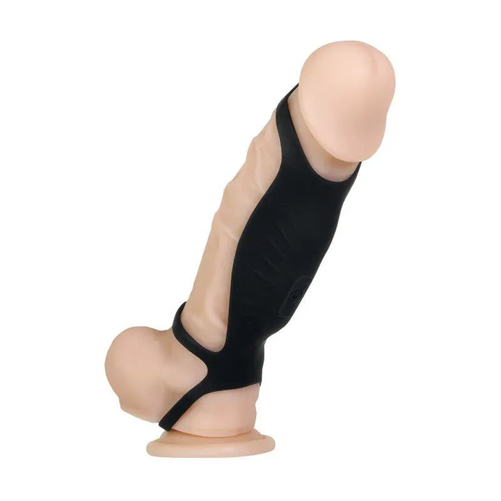 Gender X Rocketeer sleeve in Black worn on a flesh-tone demo dildo, angled view