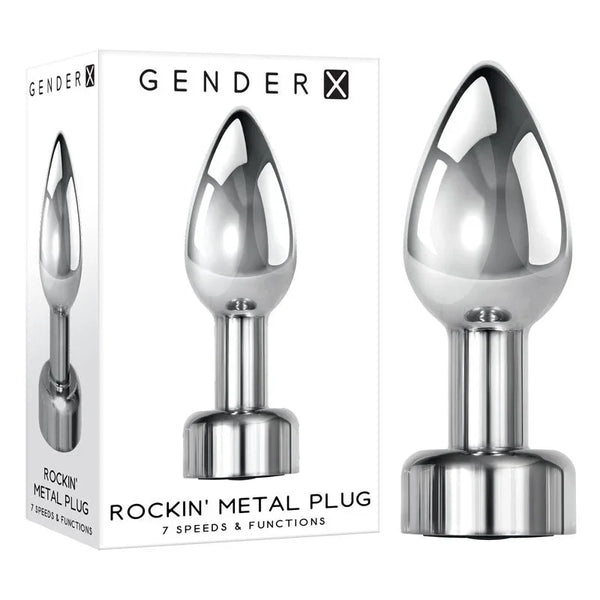 Gender X Rockin' Metal Plug in polished chrome beside its retail box