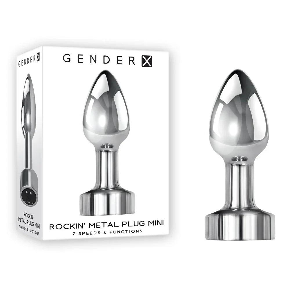 Gender X Rockin' Metal Plug Mini in polished chrome beside its retail box