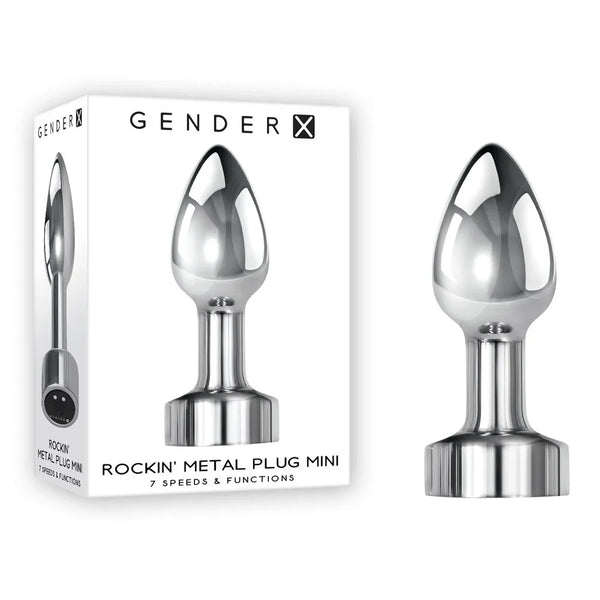 Gender X Rockin' Metal Plug Mini in polished chrome beside its retail box