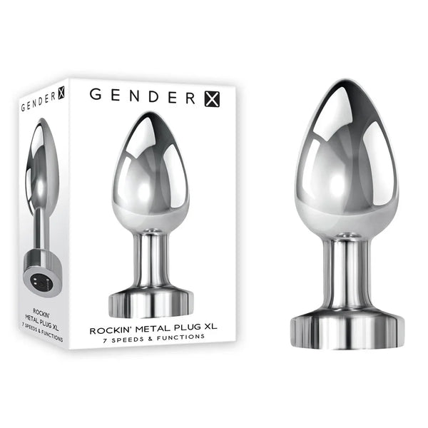 Gender X Rockin' Metal Plug XL in polished chrome beside its retail box