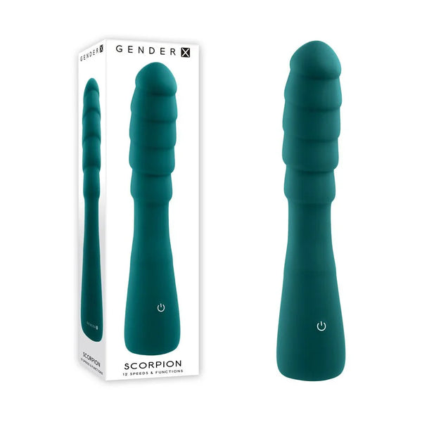 Gender X Scorpion vibrator in Green, ribbed silicone shaft beside its retail box