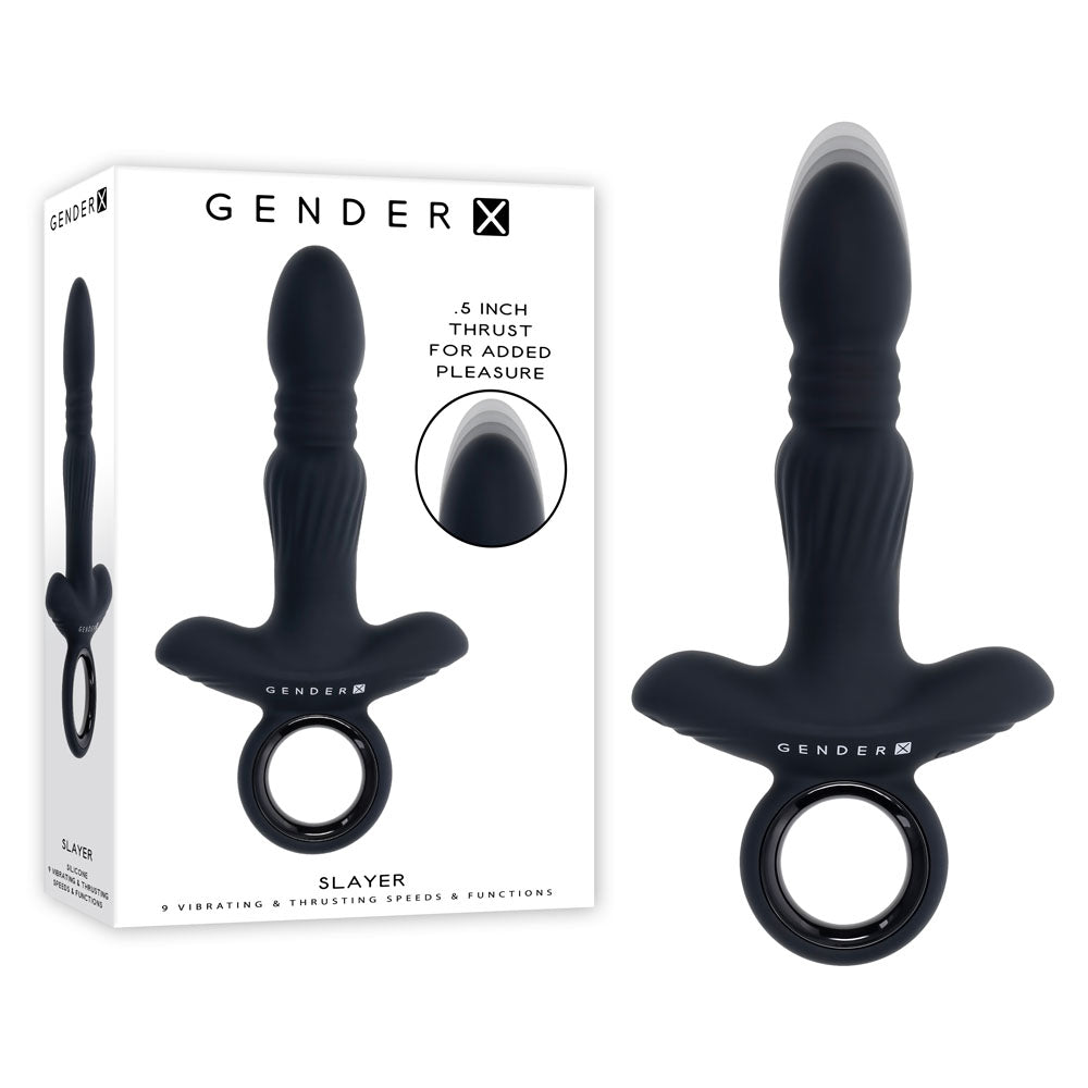 Buy Gender X SLAYER - Black 20 cm USB Rechargeable Thrusting Vibrating Butt Plug – Naughtyhut NZ sex toys online. Discreet delivery & top brands.
