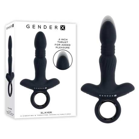 Buy Gender X SLAYER - Black 20 cm USB Rechargeable Thrusting Vibrating Butt Plug – Naughtyhut NZ sex toys online. Discreet delivery & top brands.