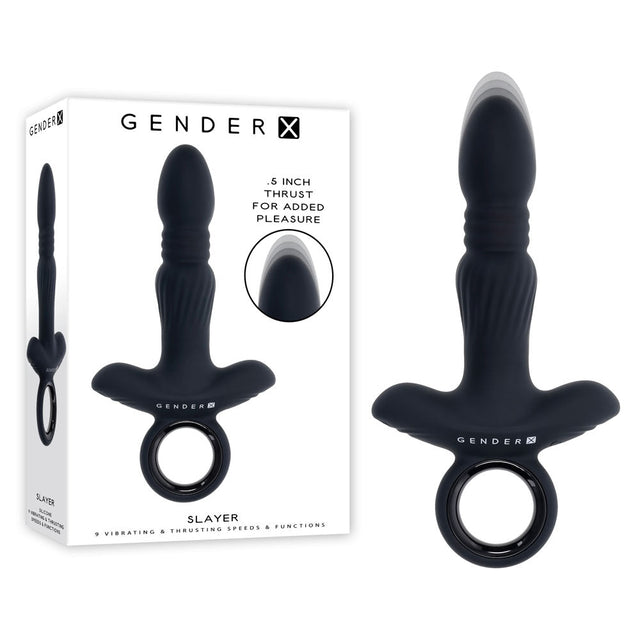 Buy Gender X SLAYER - Black 20 cm USB Rechargeable Thrusting Vibrating Butt Plug – Naughtyhut NZ sex toys online. Discreet delivery & top brands.