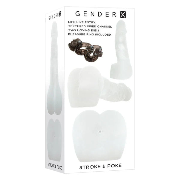 Gender X Stroke & Poke retail box in Clear, art showing the stroker and pleasure ring