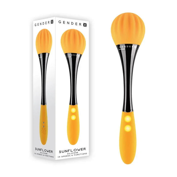 Gender X Sunflower massage wand in Yellow, ribbed round head on a black stem, beside its box