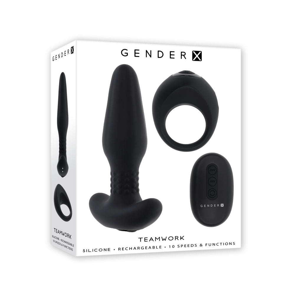 Gender X TEAMWORK - Black USB Rechargeable Rimming Butt Plug & Vibrating Cock Ring – Sex toys NZ by Naughtyhut. Discreet delivery nationwide.