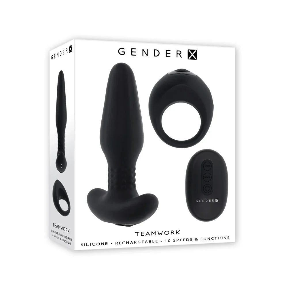 Gender X Teamwork retail box in Black, art showing the rimming plug, cock ring and remote