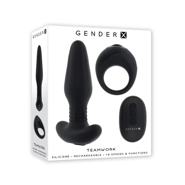 Gender X Teamwork retail box in Black, art showing the rimming plug, cock ring and remote