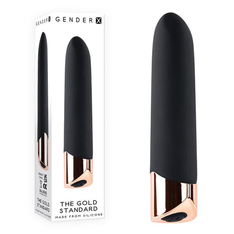 Buy Gender X THE GOLD STANDARD - Black/Rose Gold 10 cm USB Rechargeable Bullet – Naughtyhut NZ sex toys online. Discreet delivery & top brands.