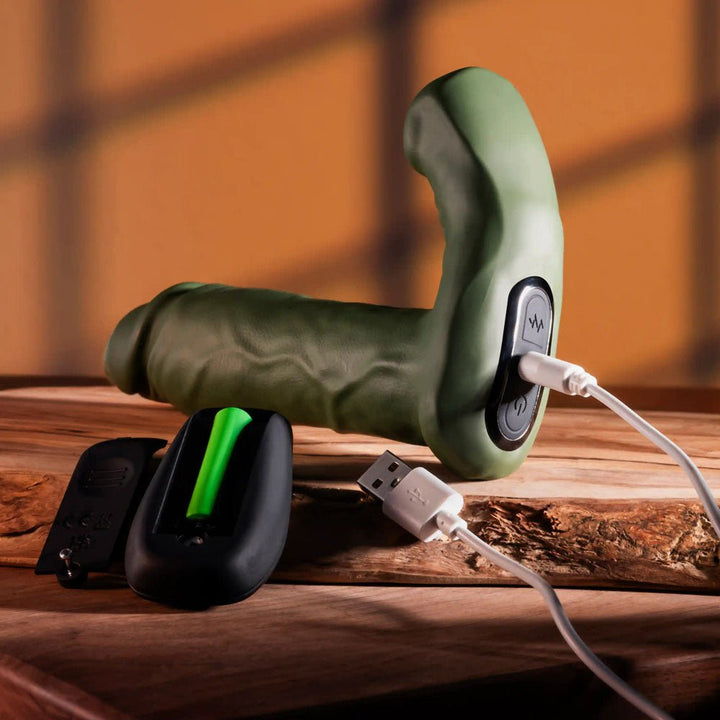 Gender X THE HUNK - Green 15.2 cm USB Rechargeable Thrusting Vibrator with Remote – Sex toys NZ by Naughtyhut. Discreet delivery nationwide.