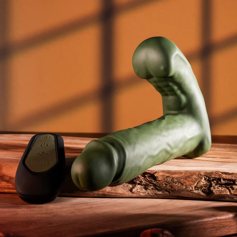 Gender X THE HUNK - Green 15.2 cm USB Rechargeable Thrusting Vibrator with Remote – Sex toys NZ by Naughtyhut. Discreet delivery nationwide.