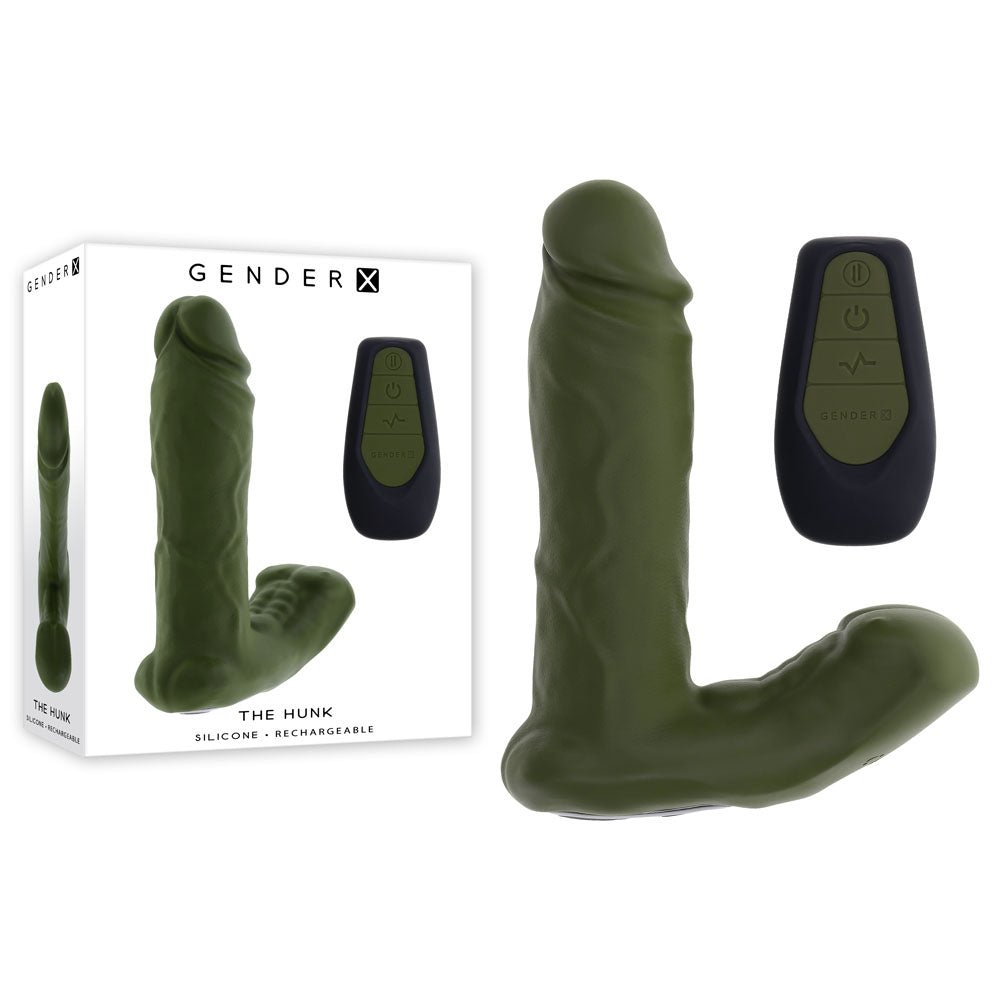 Gender X THE HUNK - Green 15.2 cm USB Rechargeable Thrusting Vibrator with Remote – Sex toys NZ by Naughtyhut. Discreet delivery nationwide.