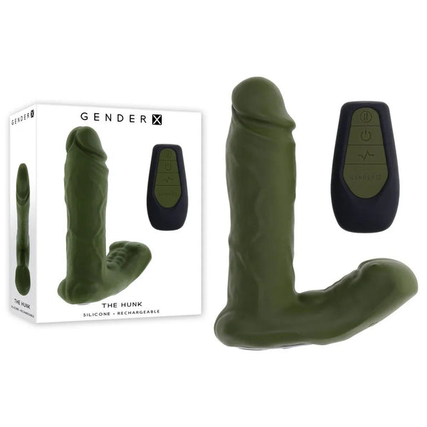 Gender X The Hunk in Green, realistic thrusting vibrator and black remote beside its box