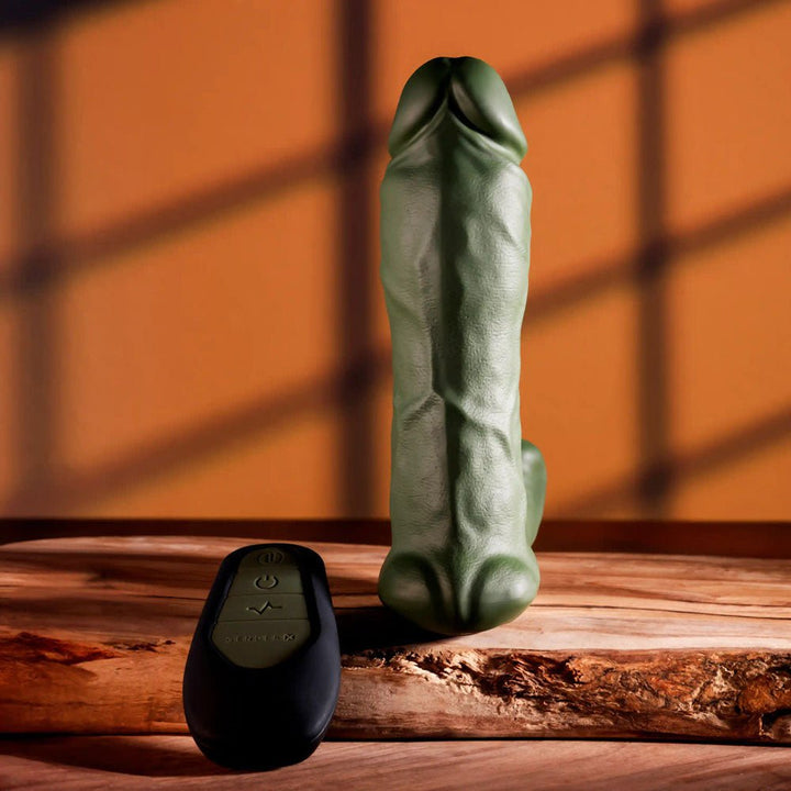 Gender X THE HUNK - Green 15.2 cm USB Rechargeable Thrusting Vibrator with Remote – Sex toys NZ by Naughtyhut. Discreet delivery nationwide.