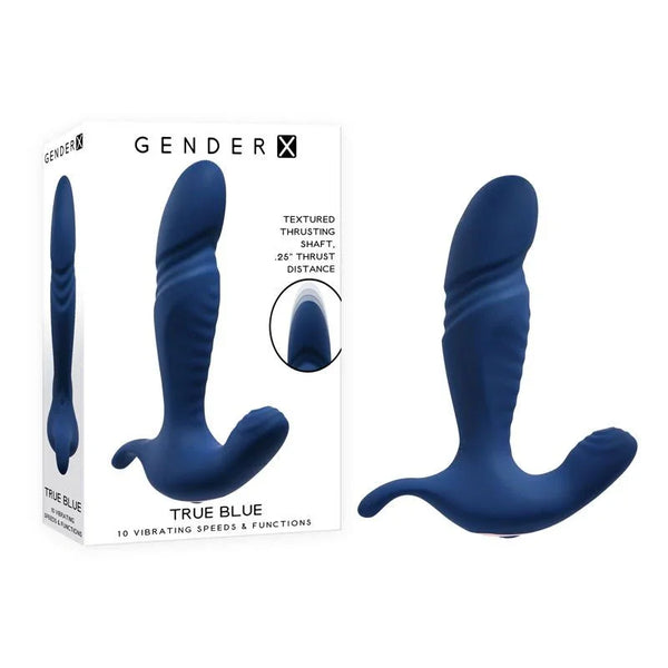 Gender X True Blue prostate massager in Blue beside its retail box