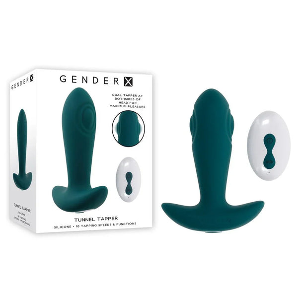 Gender X Tunnel Tapper tapping plug with its white remote, beside the retail box
