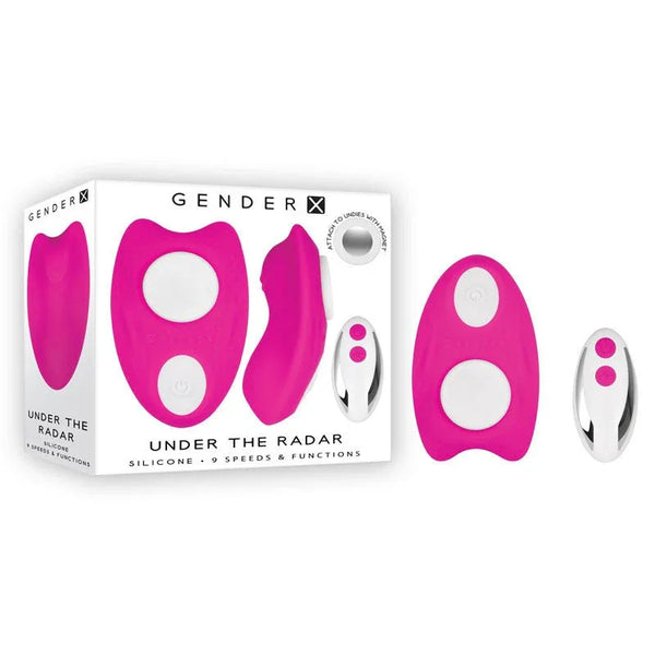Gender X Under The Radar panty vibrator in Pink with white remote, beside its retail box