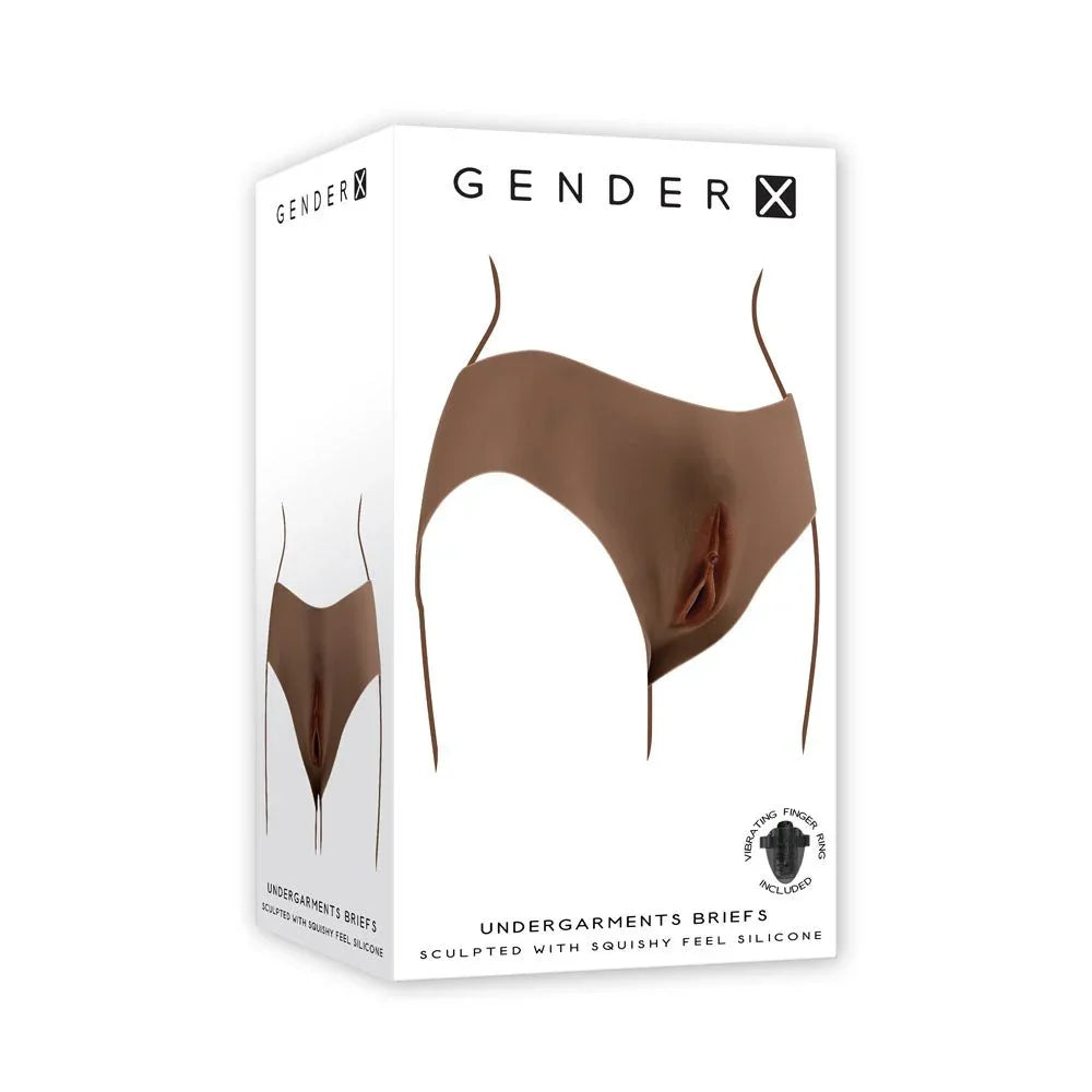 Gender X Undergarments Vagina Briefs retail box in Dark, art showing the moulded briefs