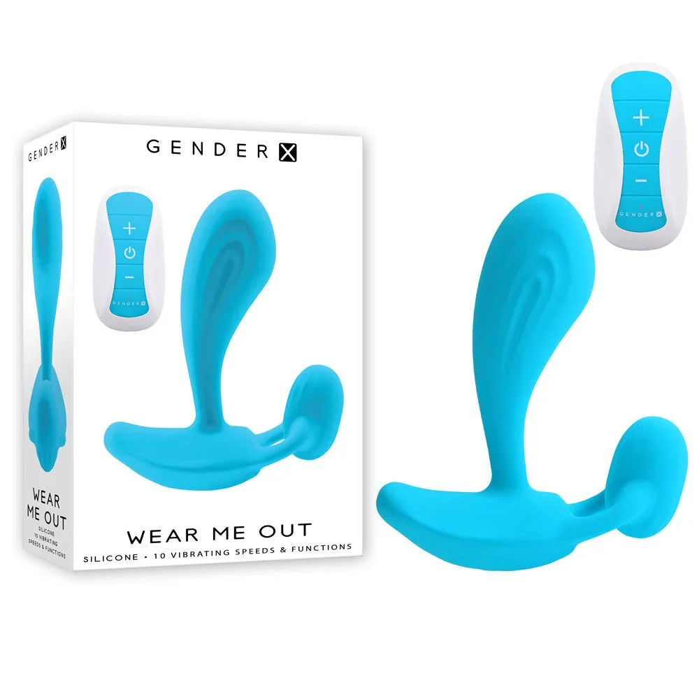 Gender X Wear Me Out in Blue with its white remote, beside the retail box
