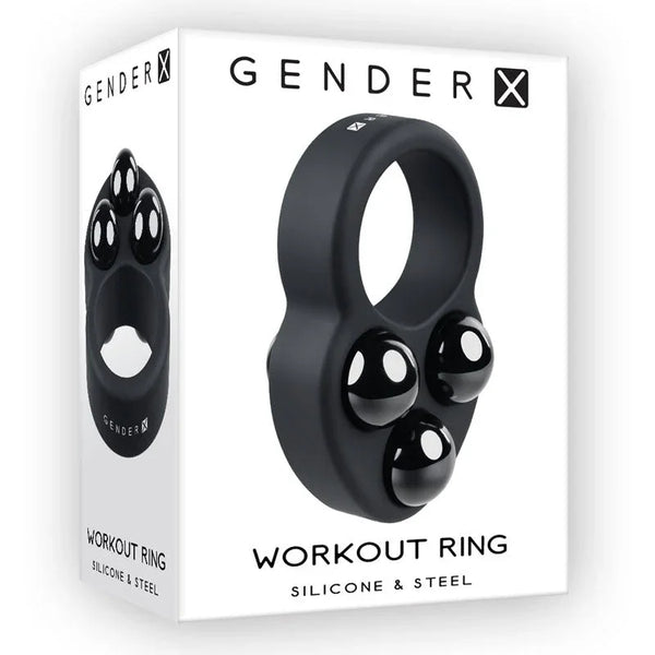 Gender X Workout Ring retail box in Black, art showing the ring and its three steel weights