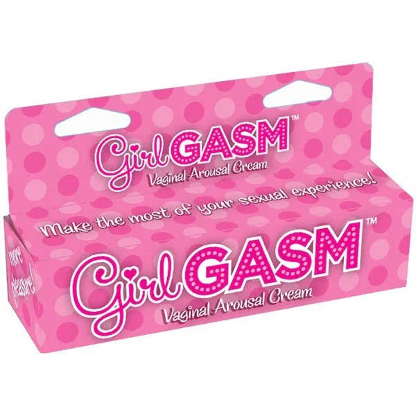 GirlGasm vaginal arousal cream, pink polka-dot cartons stacked on white
