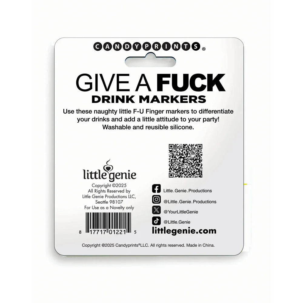 Give A Fuck drink markers card reverse, with usage notes and a QR code