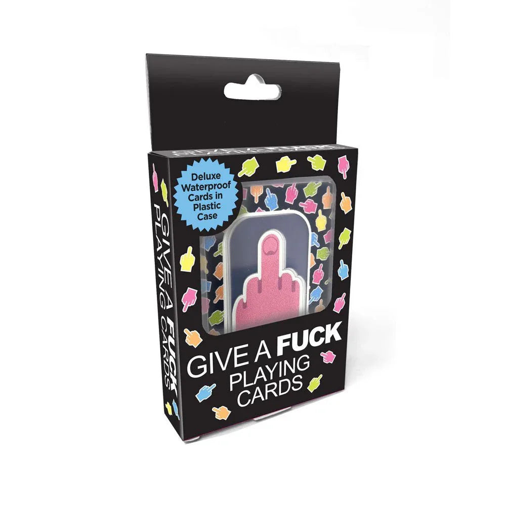 Give A Fuck Playing Cards retail box, noting deluxe waterproof cards in a case