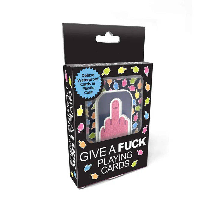 Give A Fuck Playing Cards retail box, noting deluxe waterproof cards in a case