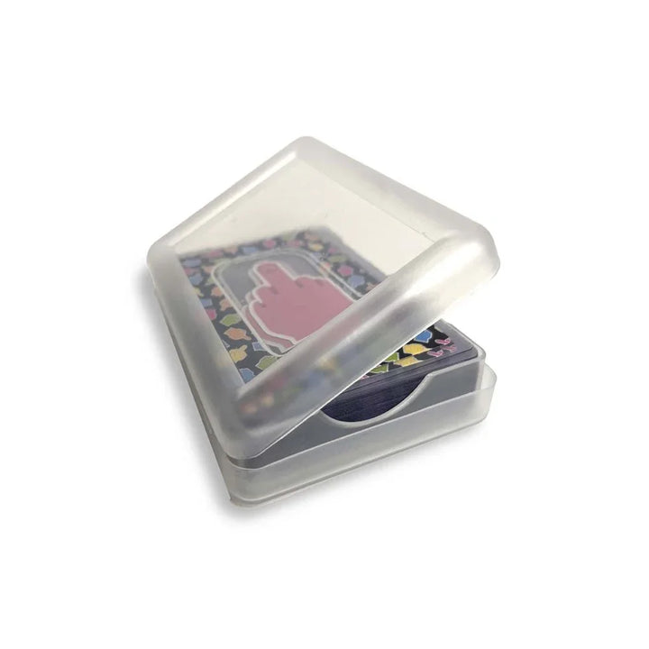 Give A Fuck Playing Cards in their clear plastic storage case, lid ajar
