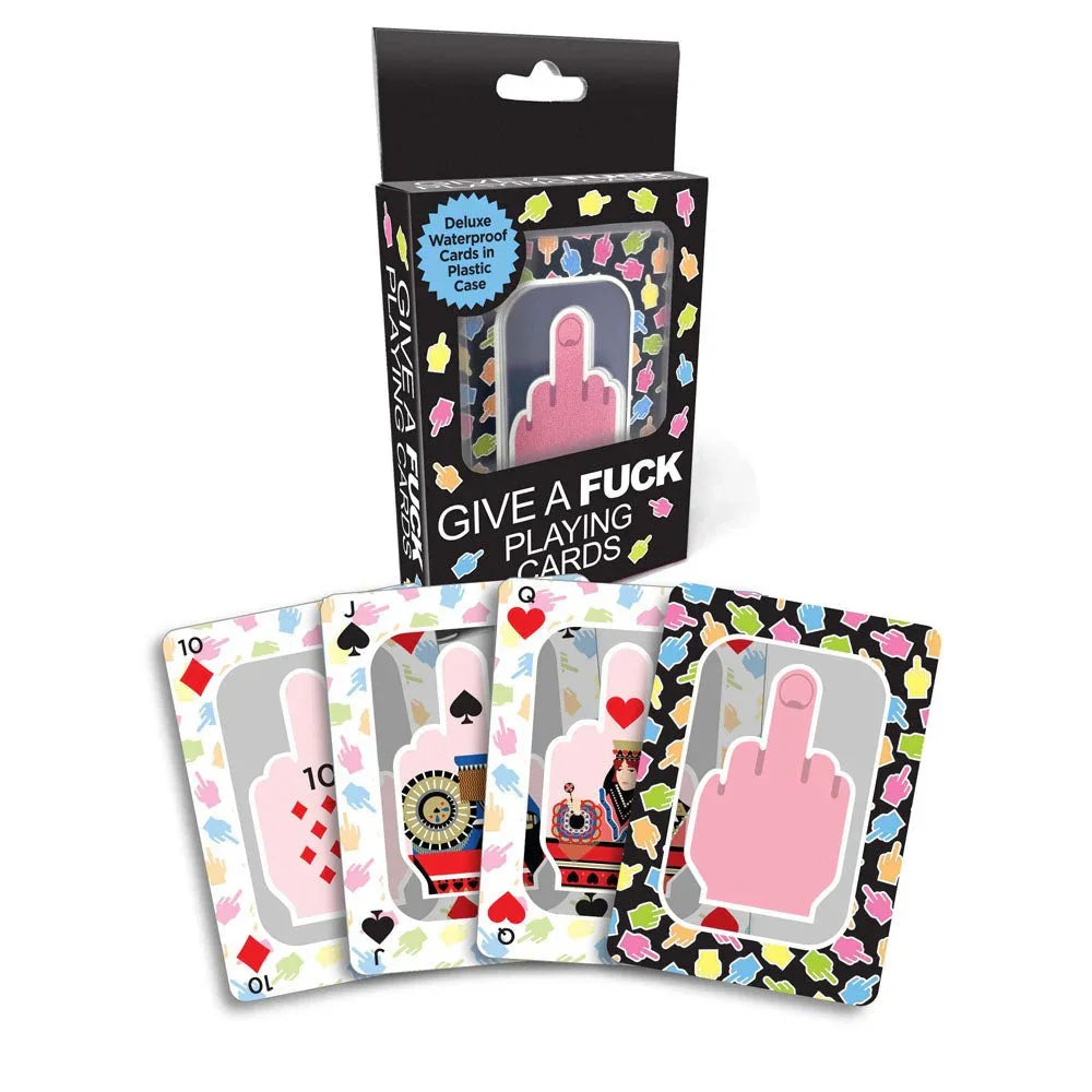 Give A Fuck Playing Cards, retail box with four finger-print cards fanned out